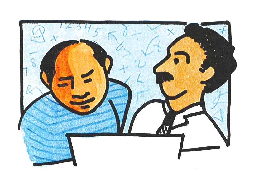 Hand-drawn illustration of a tutor with a mustache and a student in a striped shirt looking at a screen together, with math symbols on a blue background.