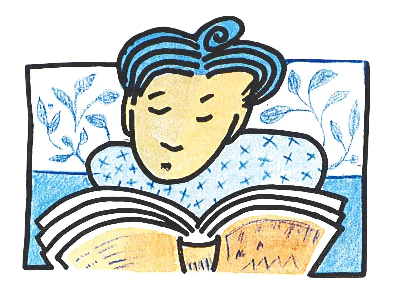 Our Programs / Become a Student illustration (Figma blue-man) Hand-drawn illustration of a person with blue hair leaning over a large open book.