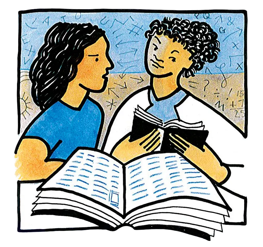 Hand-drawn illustration of two people talking over a large open book, with letters, numbers and math symbols on a light blue background.